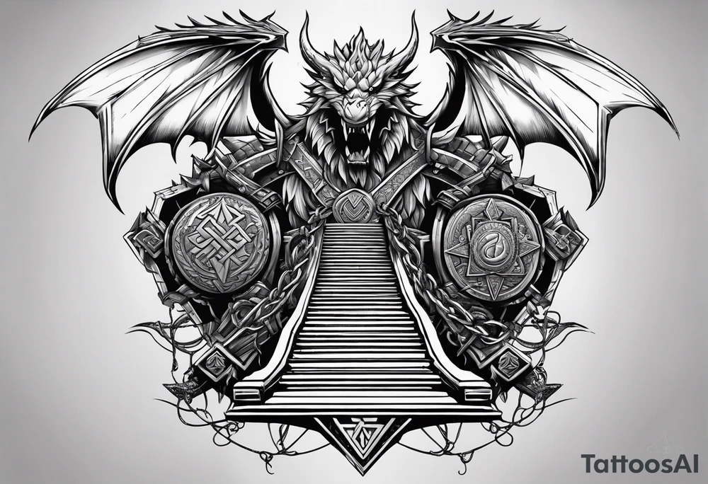 Valhalla sword shield dragon axe stairs Valknut barbed wire chains valknut fire tattoo idea