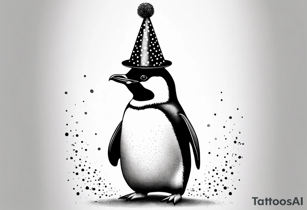 Realistic Penguin with a party hat and holding a ballon crosshatch style tattoo idea