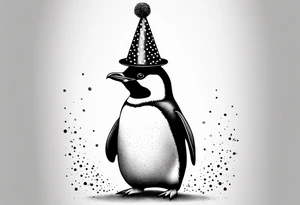Realistic Penguin with a party hat and holding a ballon crosshatch style tattoo idea
