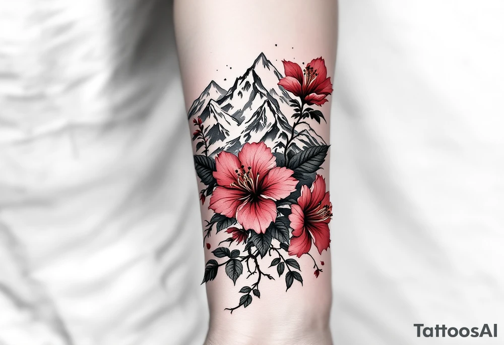 wrap around entire wrist red  and black rhododendron trippy with Himalayas behind tattoo idea