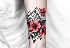 wrap around entire wrist red  and black rhododendron trippy with Himalayas behind tattoo idea