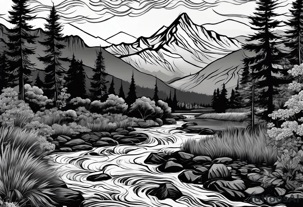 Mountain scene with a river with a subtle peace sign. Use IT IS WELL written in the scene tattoo idea