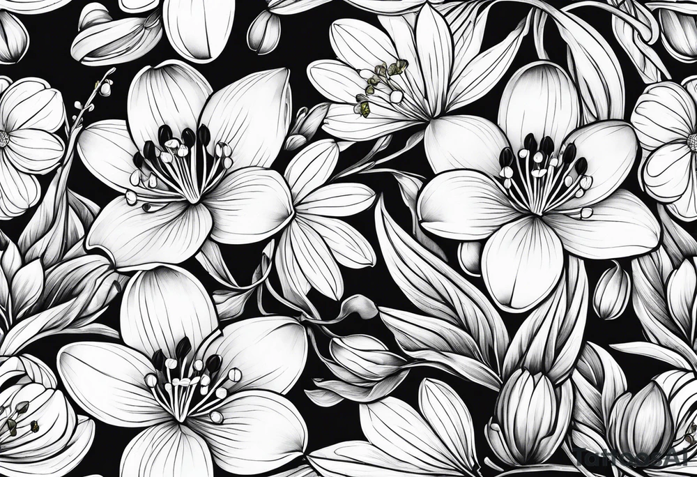 One snowdrop, One hawthorn flower, Two honeysuckle blooms, tattoo idea
