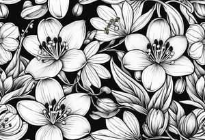 One snowdrop, One hawthorn flower, Two honeysuckle blooms, tattoo idea