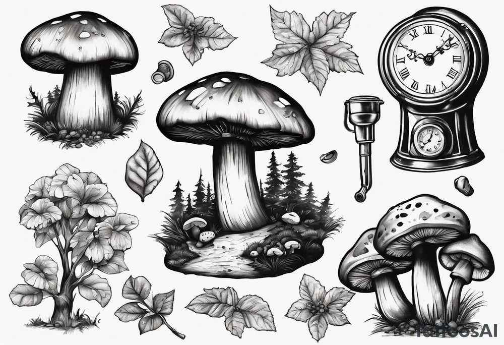 mounting landscape with little boletus in the forest.
Add in a middle an antique clock at 9:44pm. across the tattoo a cinema film. And on top a deck of poker cards

Grandma's walking stick
An Italian coffee maker tattoo idea