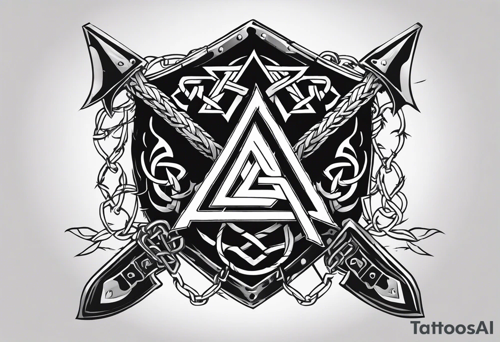 Valhalla sword shield axe barbed wire chains valknut fire tattoo idea Valhalla sword shield axe barbed wire chains valknut fire tattoo idea