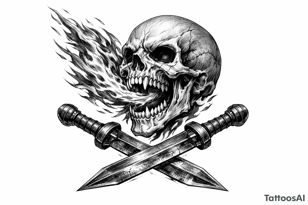 A skeletal head spewing fire, with gladius swords crossed at the base. tattoo idea