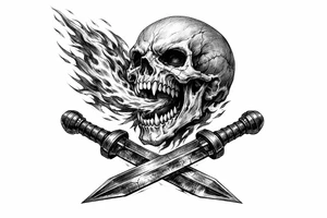 A skeletal head spewing fire, with gladius swords crossed at the base. tattoo idea