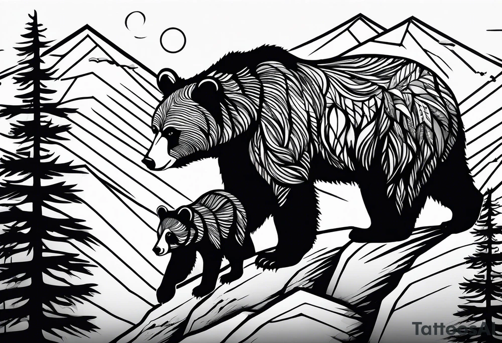 mamma bear and cub with mountains tattoo idea