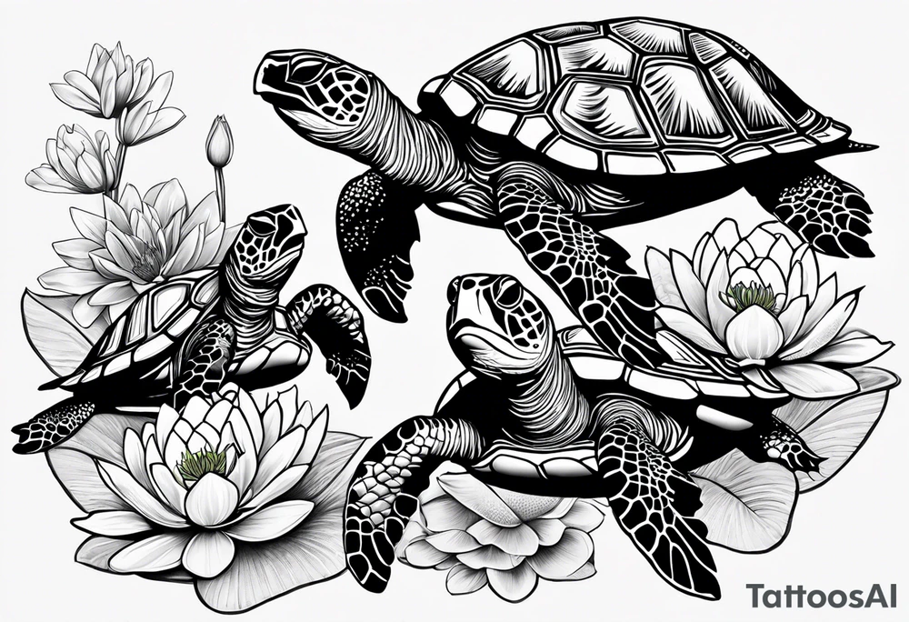 Mom and 2 baby sea turtle tattoos with 4 water lilies tattoo idea