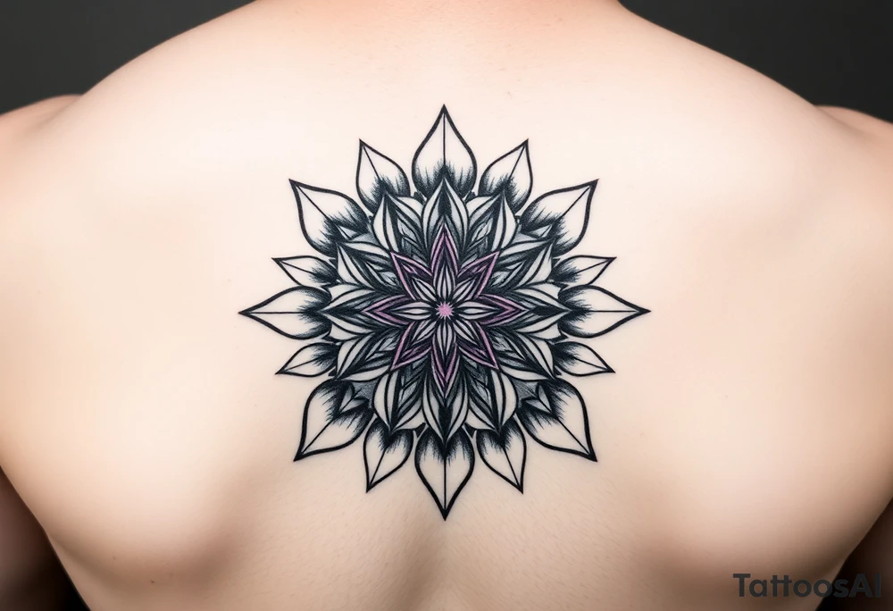 Merkaba symbol on a flower of life background, on the back top, the merkaba should be 3D with purple white colored, tattoo idea