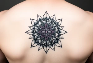 Merkaba symbol on a flower of life background, on the back top, the merkaba should be 3D with purple white colored, tattoo idea