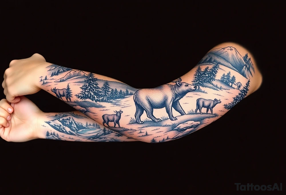 A full-sleeve with the Härjedalen landscape, reindeer, bear, lakes tattoo idea