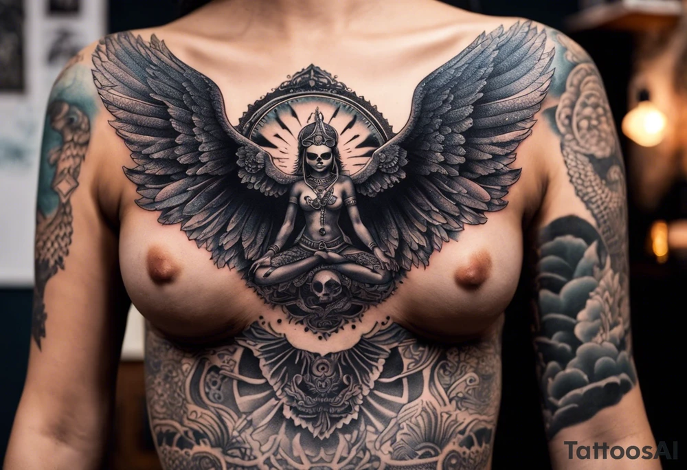 black kali, goddess pirate, alien, angel, pachamama, valkrye, warrior, flying, skull, lotus azul, wing, eagle, zenza resonance, stars, 5D, anahata chakra, death, durga, riding on a tiger, flying lady, kundalini, chest tatoo tattoo idea