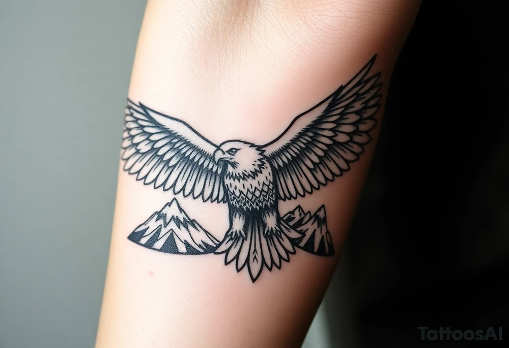 majestic eagle spreading wings against mountain peaks tattoo idea
