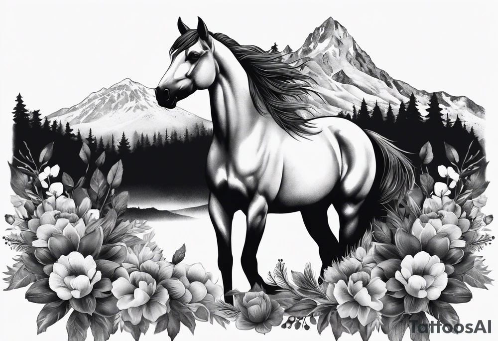 Wild horse, mountain background, feather, flowers, western tattoo idea