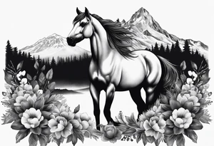 Wild horse, mountain background, feather, flowers, western tattoo idea