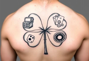 A four-leaf clover with a slot machine, a pack of cards, a pair of dice, and a roulette table in each leaf tattoo idea