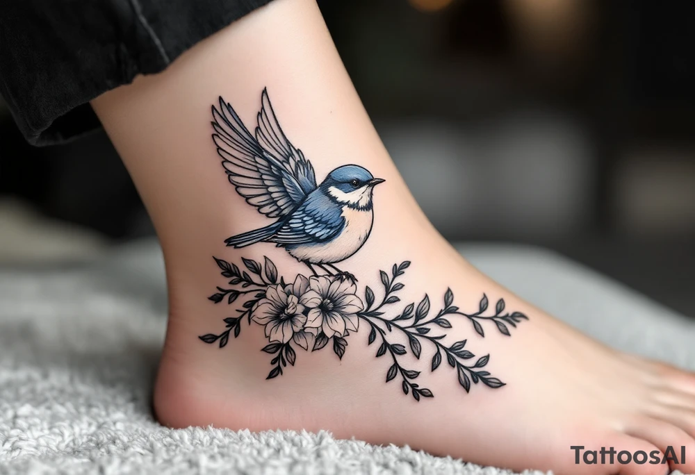 Blue bird with thick floral at the bottom tattoo idea