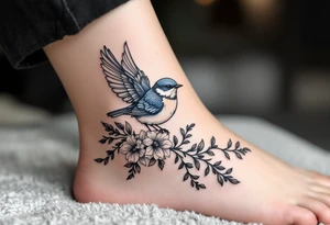 Blue bird with thick floral at the bottom tattoo idea