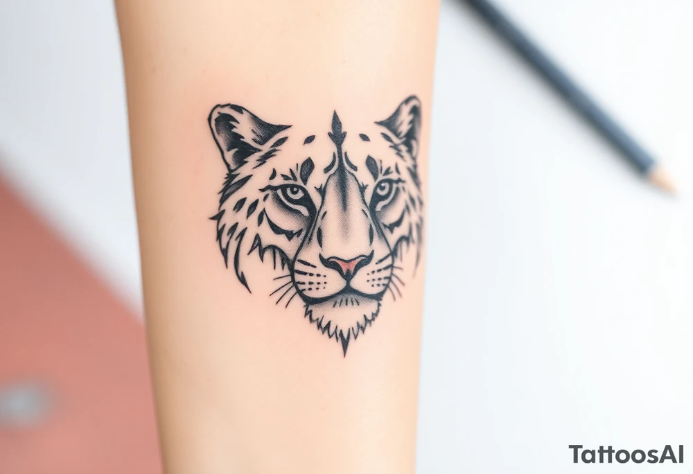 Half a lion face, half a lioness face looking straight tattoo idea