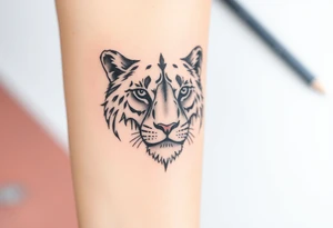 Half a lion face, half a lioness face looking straight tattoo idea