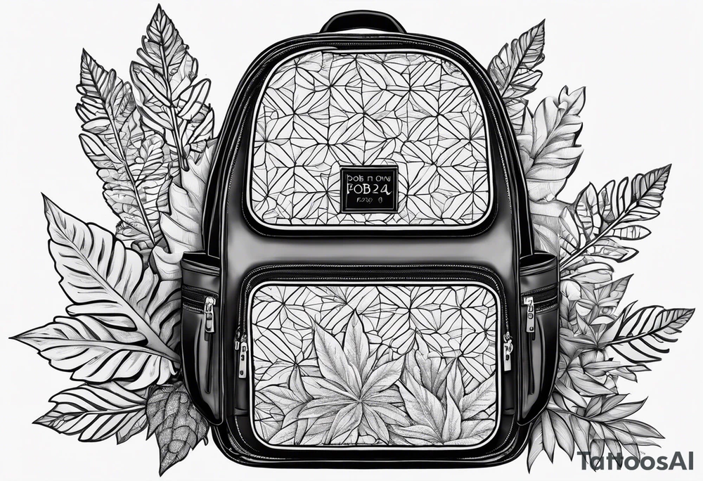 Backpack with the words 'PBOB on tour 2024' with a hidden weed leaf tattoo idea