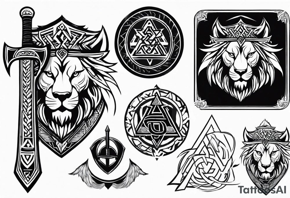 Valhalla sword shield dragon axe Valknut tribal lion tattoo idea