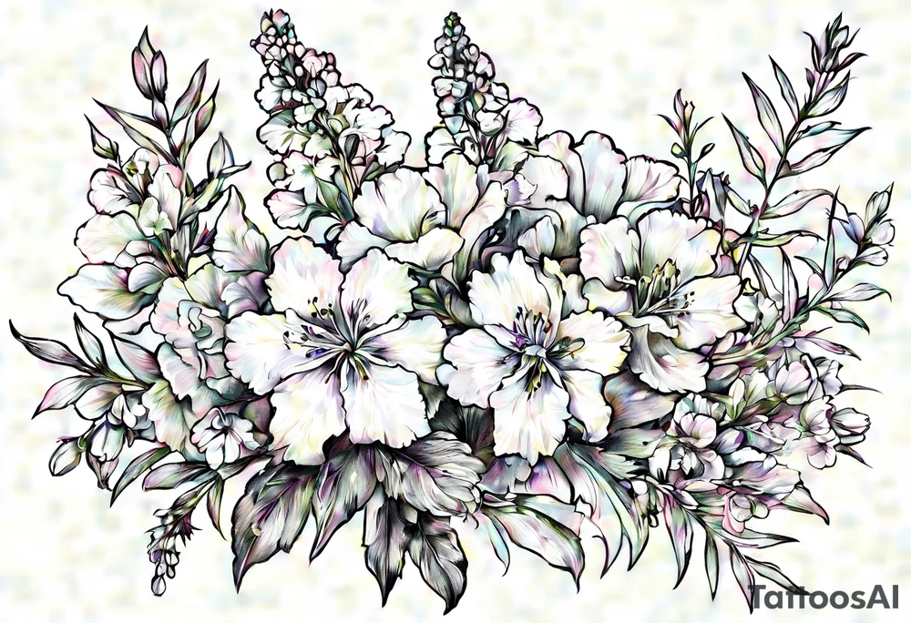 Small, simple sketched bouquet of larkspur, stemmed carnation tattoo idea