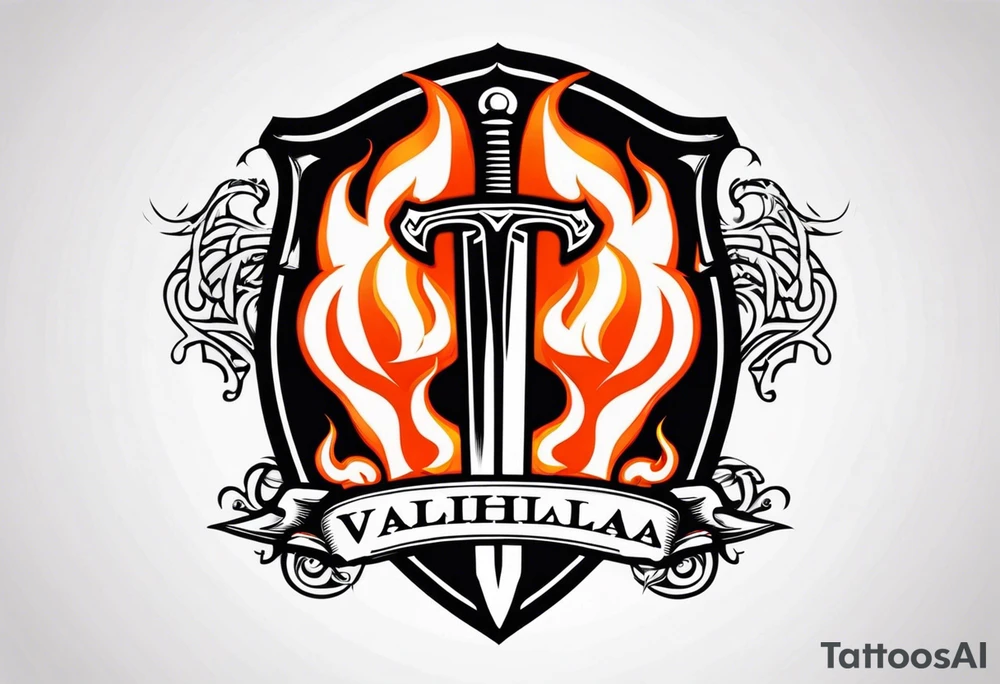 Valhalla on fire shield sword tattoo idea