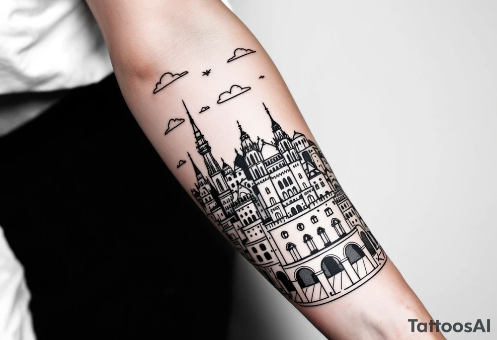 Creative Barcelona cityscape leg sleeve tattoo idea