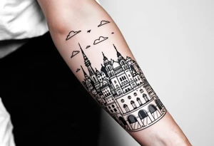 Creative Barcelona cityscape leg sleeve tattoo idea