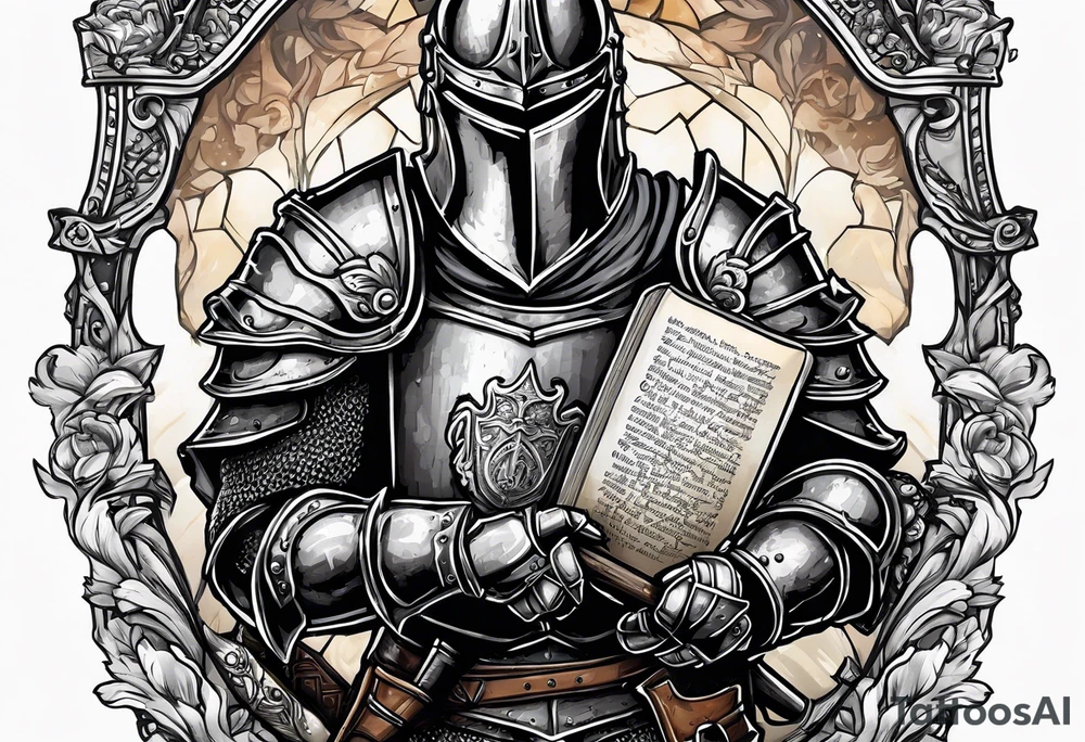 knight holding a bible over his head in combat tattoo idea