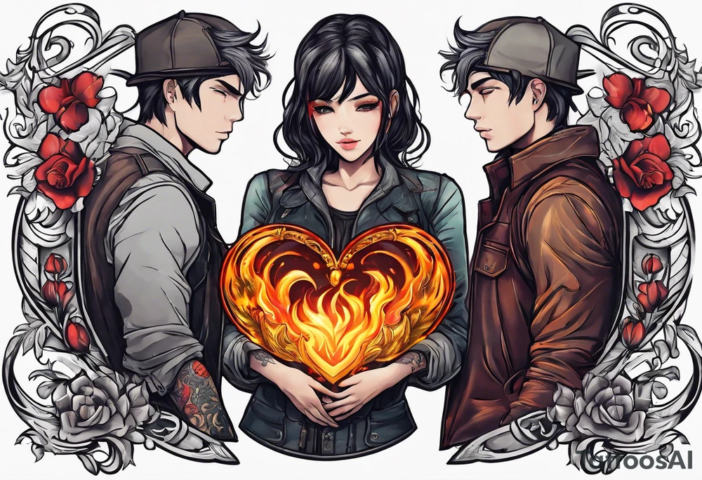 In thiele sfumato. A girl with an empty heart and a guy with a burning heart. They stand back to back tattoo idea