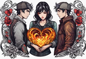 In thiele sfumato. A girl with an empty heart and a guy with a burning heart. They stand back to back tattoo idea