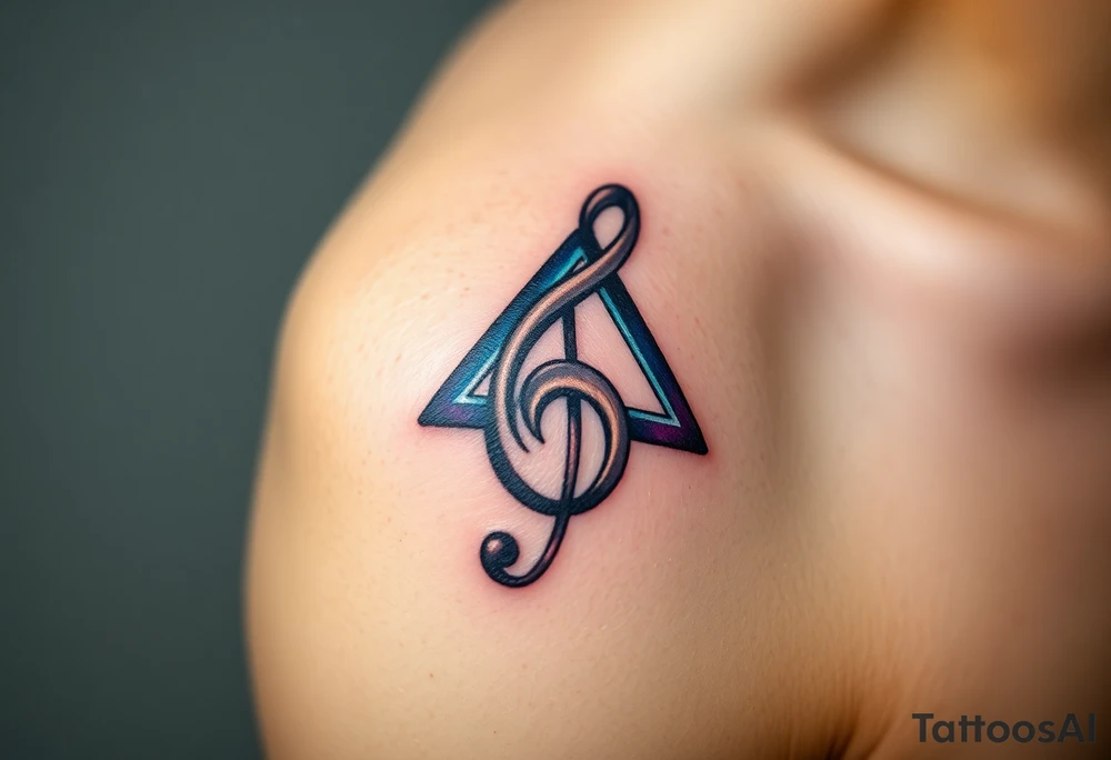 A treble clef composed of interlocking triangles, with deep blues, purples, and silver lines, symbolizing the complexity of music. tattoo idea