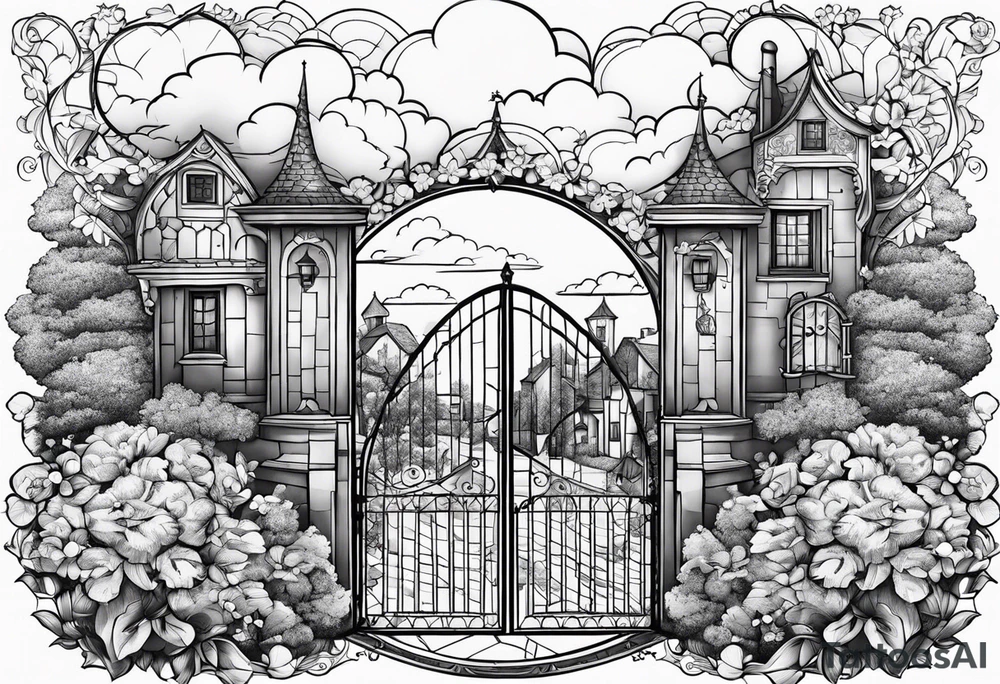 sky medieval town garden small houses gate entrance
in circle vignette surrounded by clouds flowers tattoo idea