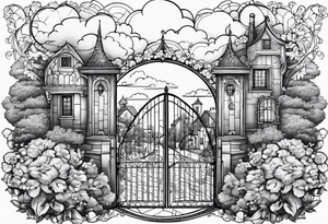 sky medieval town garden small houses gate entrance 
 in circle vignette surrounded by clouds flowers tattoo idea