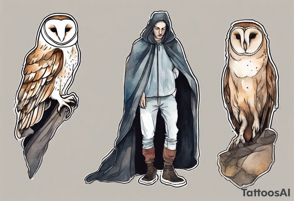 a thin man with the head of a barn owl and a medieval cloak walking at night tattoo idea