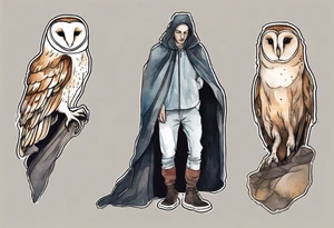 a thin man with the head of a barn owl and a medieval cloak walking at night tattoo idea