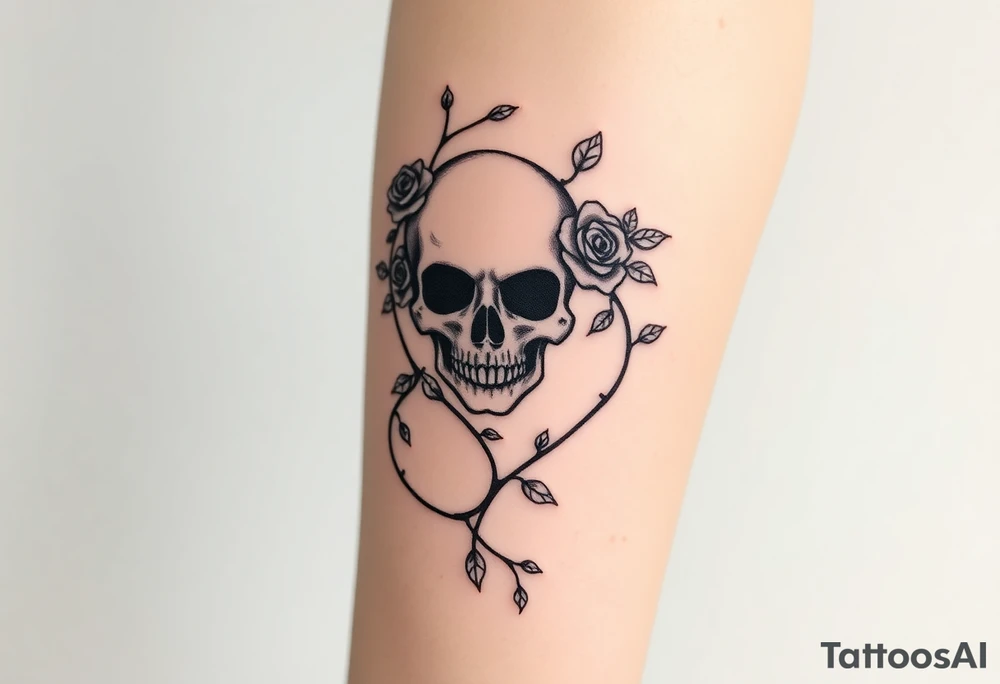 gothic skull intertwined with climbing roses and thorny vines tattoo idea