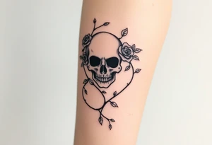 gothic skull intertwined with climbing roses and thorny vines tattoo idea