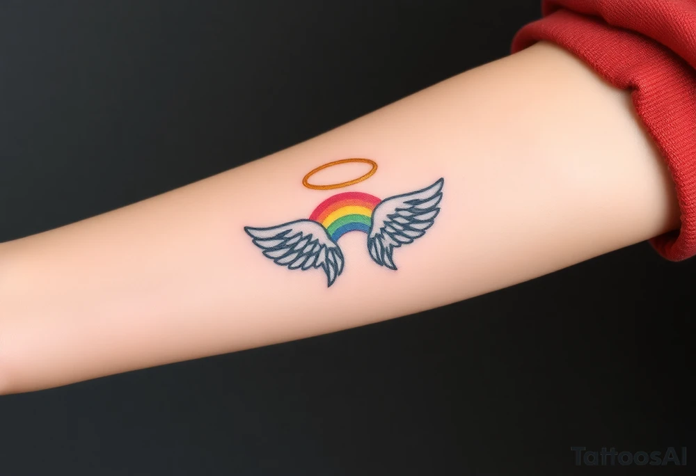 A rainbow with angel wings and halo tattoo idea