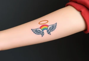 A rainbow with angel wings and halo tattoo idea