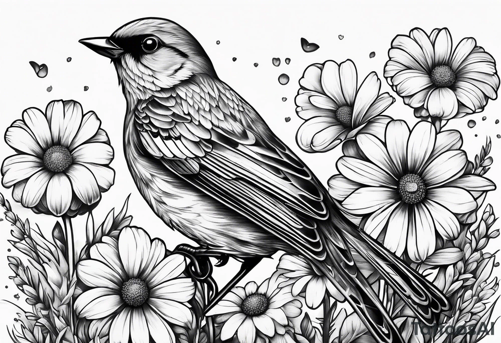 Little bird perched in daisy field tattoo idea