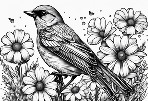 Little bird perched in daisy field tattoo idea