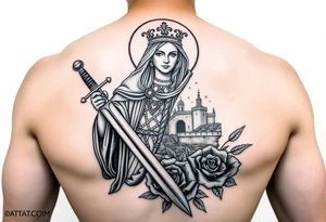 Saint Barbara carrying a sword detailed with a tower in the background, the sea, and roses tattoo idea