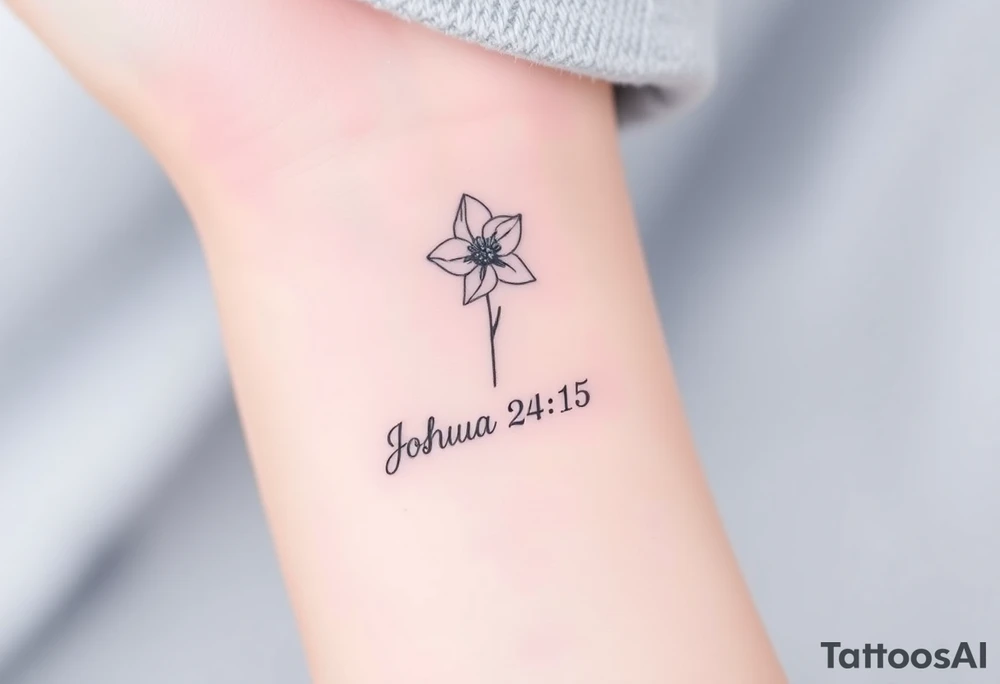 Narcissus flower at the top, drawn in single-needle fine line

“Joshua 24:15” sits underneath in tiny, clean lettering

Vertical flow = elegant, feminine, and perfectly suited to the inner wrist

Overall height: ~5–7 cm (subtle, timeless, not heavy) tattoo idea