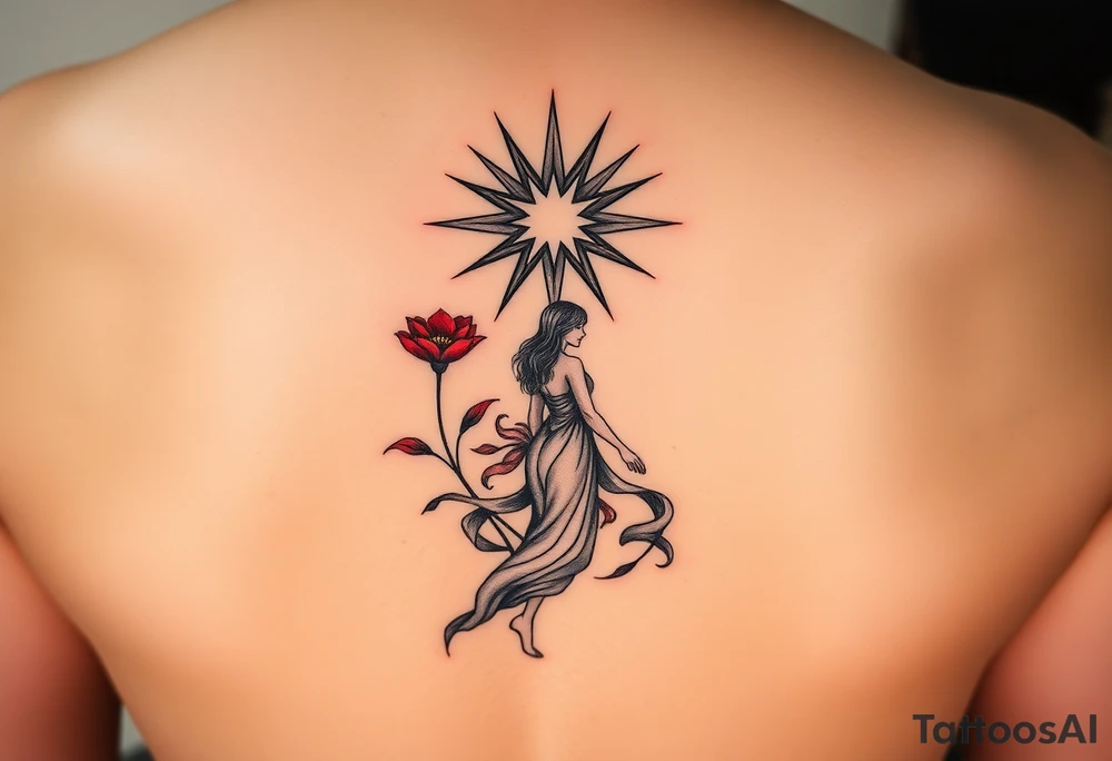 A highly artistic tattoo design with a central focus on a radiant star, symbolizing guidance and empowerment. Below the star, a deep crimson arghaman flower (scarlet flower) blooms gracefully, representing beauty and resilience. To the side, a free-spirited woman walks barefoot, embodying feminine strength and absolute freedom. The composition should evoke a sense of empowerment and liberation, with flowing lines and a dreamy, poetic atmosphere. The style should be artistic rather than hyper-realistic, with fine details, elegant line work, and a slightly abstract touch. The overall aesthetic should feel timeless, expressive, and deeply meaningful, capturing the essence of feminine power and freedom. tattoo idea