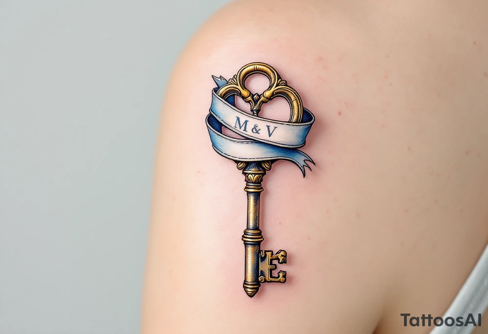 A vintage brass key with a long, flowing ribbon wrapping around the shaft with a lock that features an engraved couple’s initials "M V". Rich brass for the key, pastel blue for the ribbon, and a soft silver lock with engraved initials in gold. tattoo idea